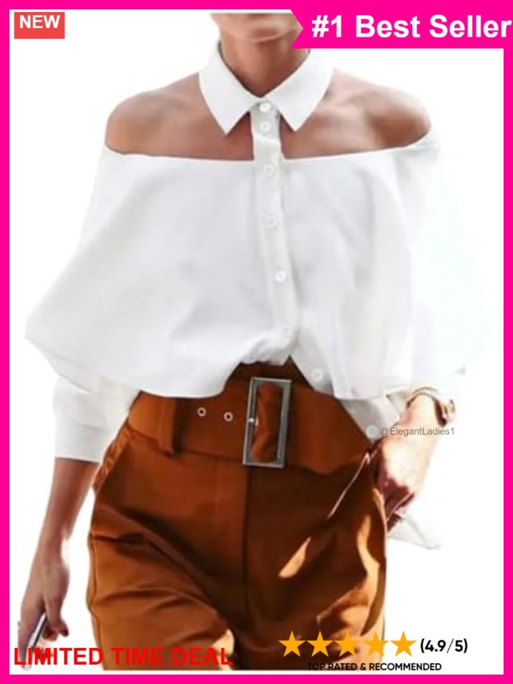 Off The Shoulder Button Down Shirt 3/4 Sleeve Collared Casual Blouse
